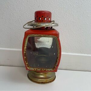 Vintage Red Tin Candle Lantern with Mirror Interior & Glass Front Panel